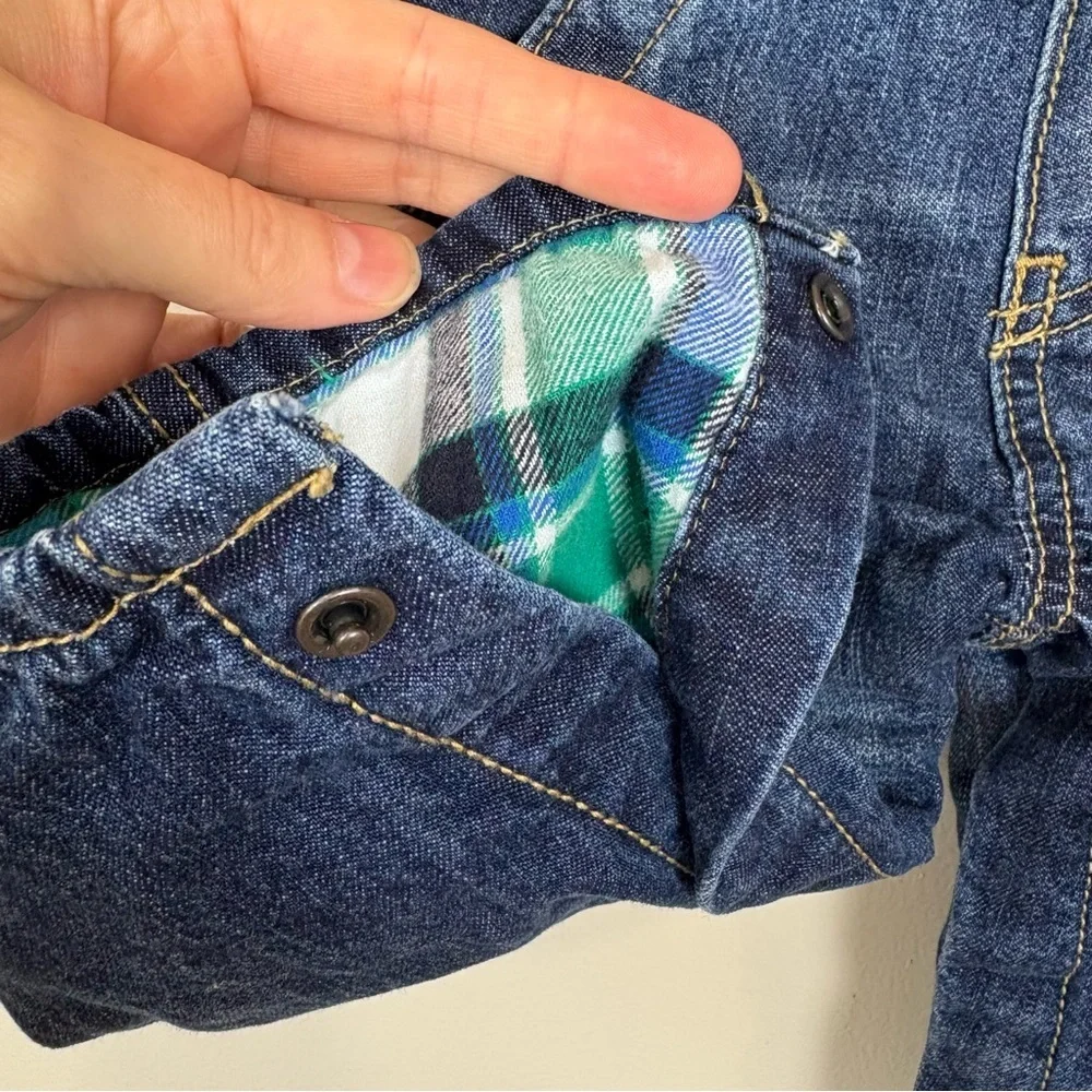 OshKosh B'Gosh Denim Bib Overalls‎ Vestbak Size 9 Mos. Plaid Flannel Lining Blue